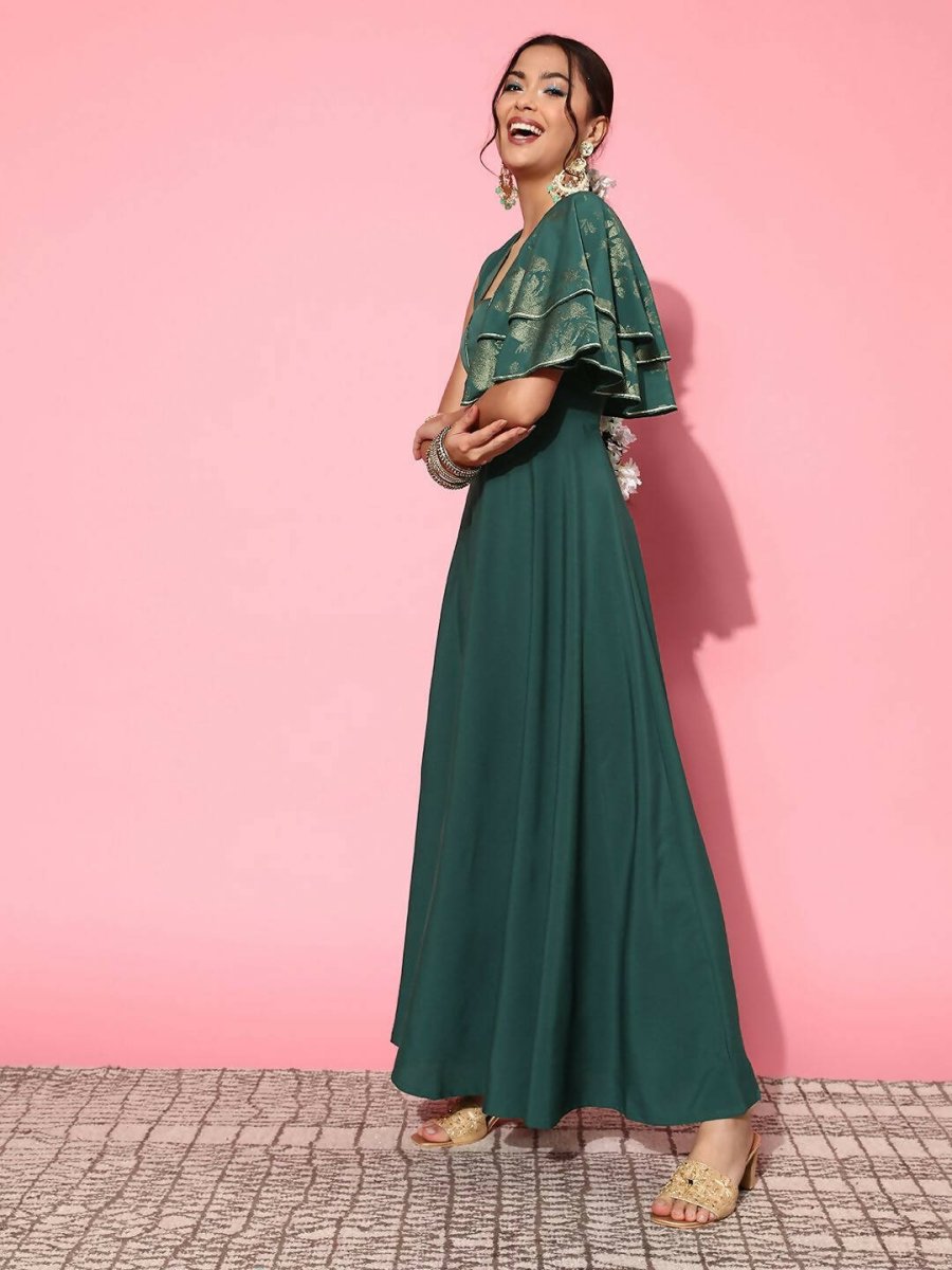 Ahalyaa Gorgeous Green Ethnic Motifs Ruffled Dress | Grocsy