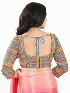 Joban Fashion Blue Multi Silk Padded Blouse With Sweetheart Neck 3/4 Sleeves | Grocsy