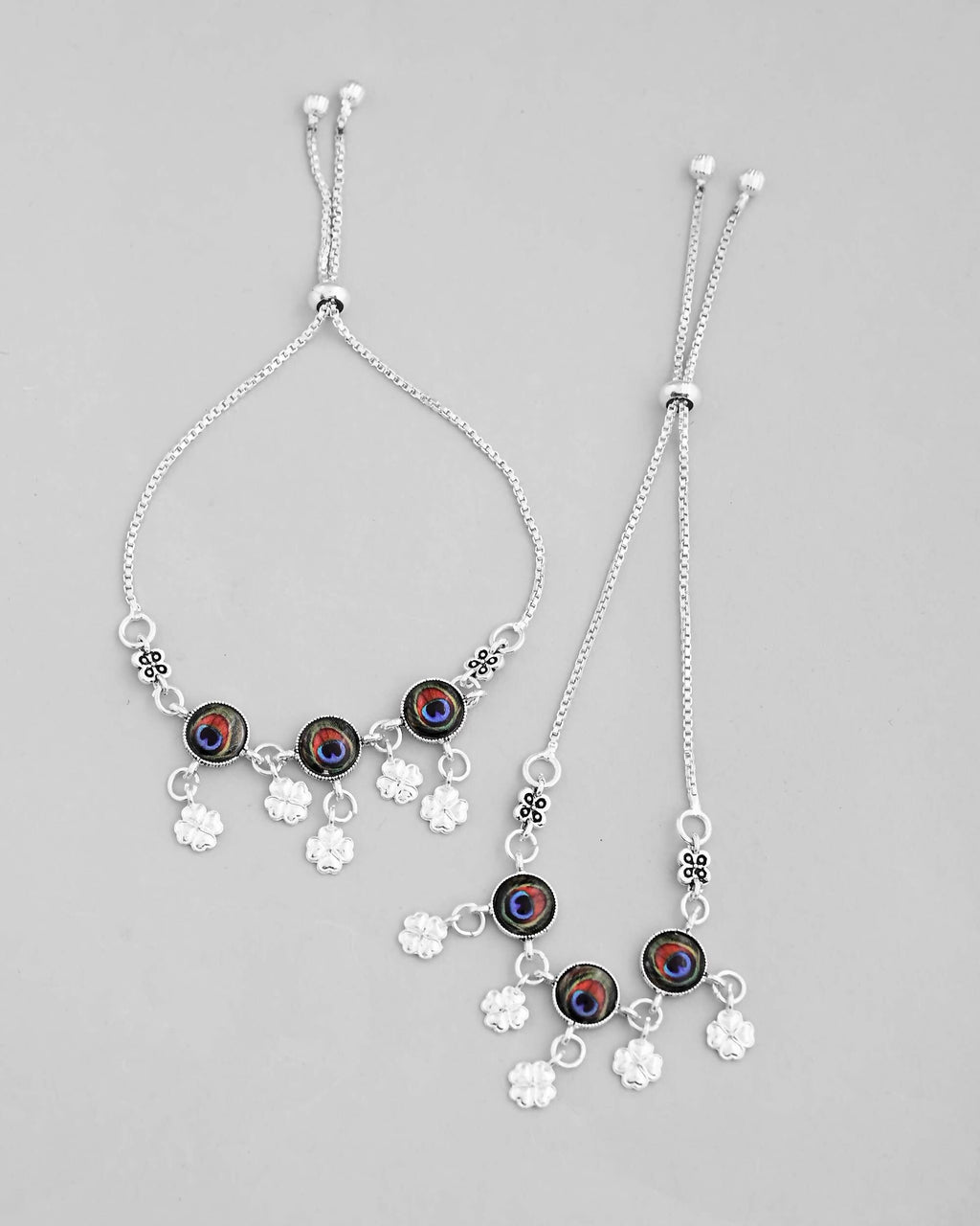 VOJ Set of 2 Silver Plated Peacock Printed HandCrafted Anklet | Grocsy