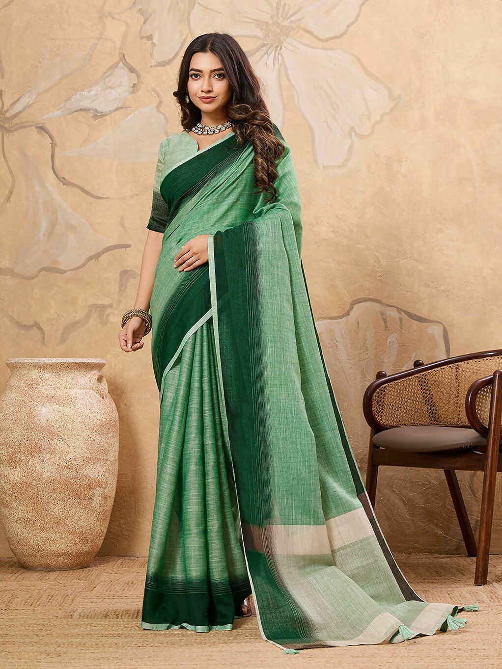 Shree Shyam Fashion Pista Green Linen Saree | Grocsy