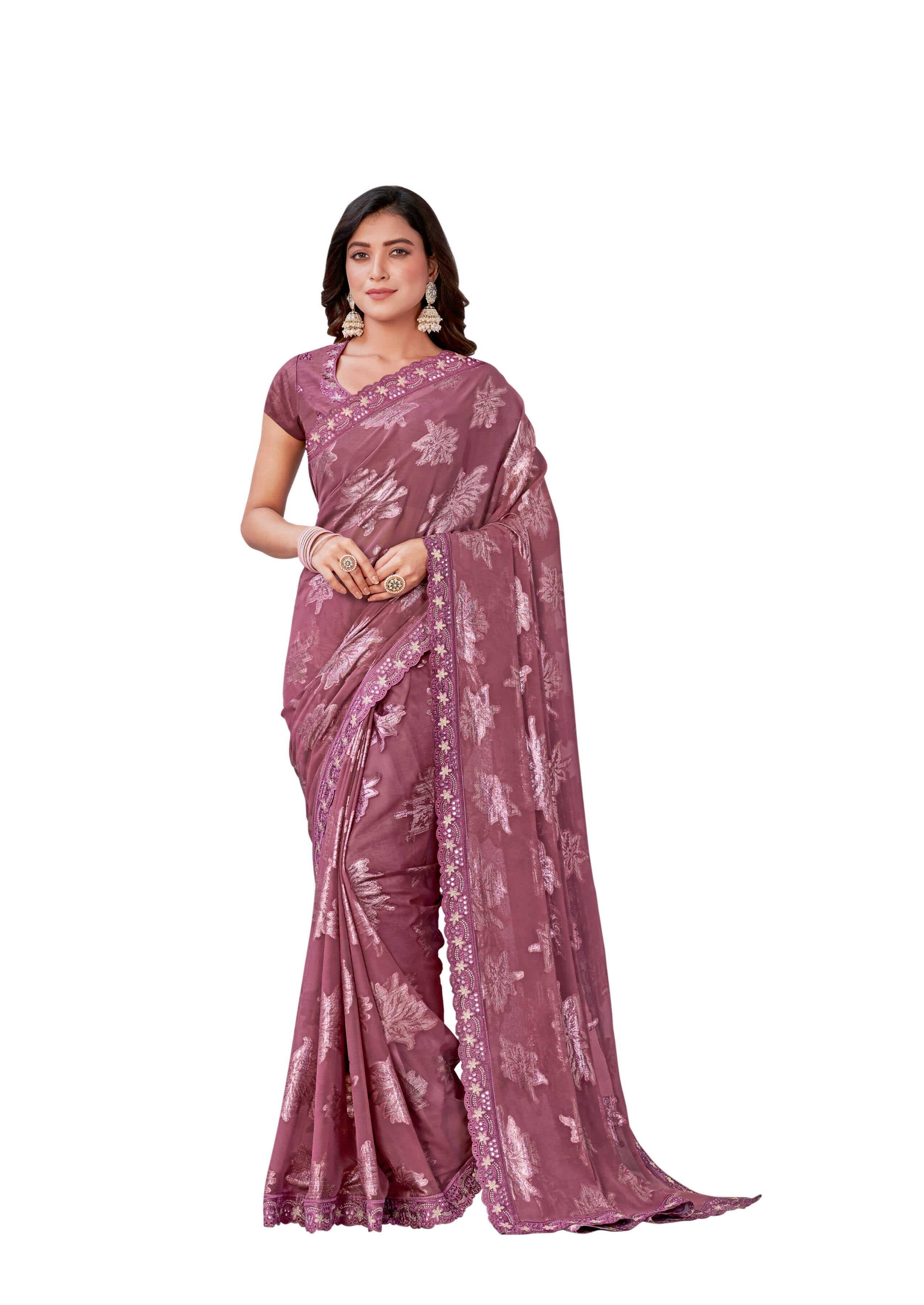 Dusty Pink Georgette Zari Jacquard Embroidered Border With Mirror Work Saree With Unstitched Blouse Piece - Norita Zaina | Grocsy