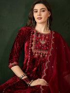 Sangria Embroidered A-Line Kurta & Trousers With Dupatta | Grocsy
