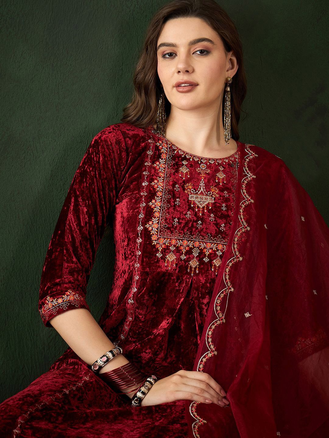 Sangria Embroidered A-Line Kurta & Trousers With Dupatta | Grocsy