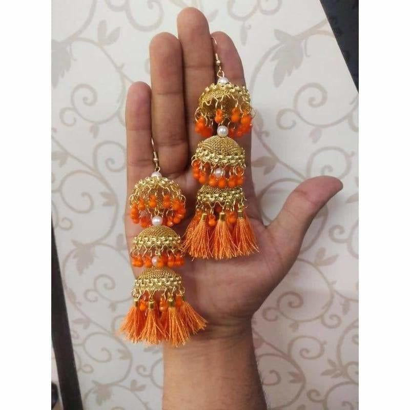 MS Fashion India Gold Color Orange Pearls And Silk Threads Hanging Jhumka Earrings | Grocsy
