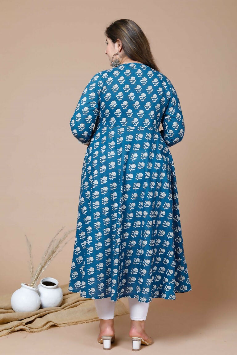Miravan Women's Plus Size Blue & White Ethnic Motifs Printed Cotton Anarkali Kurta | Grocsy