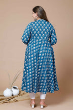 Miravan Women's Plus Size Blue & White Ethnic Motifs Printed Cotton Anarkali Kurta | Grocsy