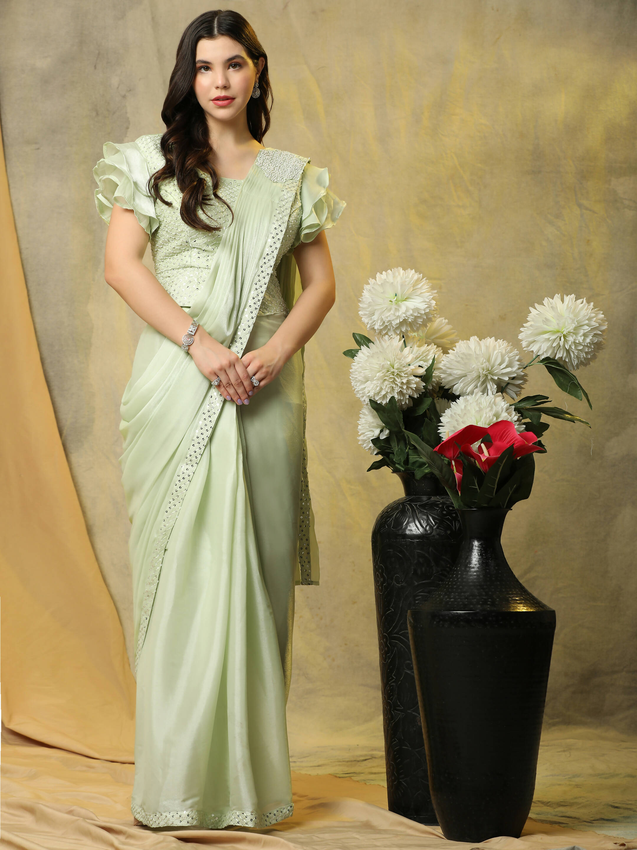 Light Green Silk Satin Sequence Work Ready to Wear Saree with stitched Blouse - Nirvana | Grocsy