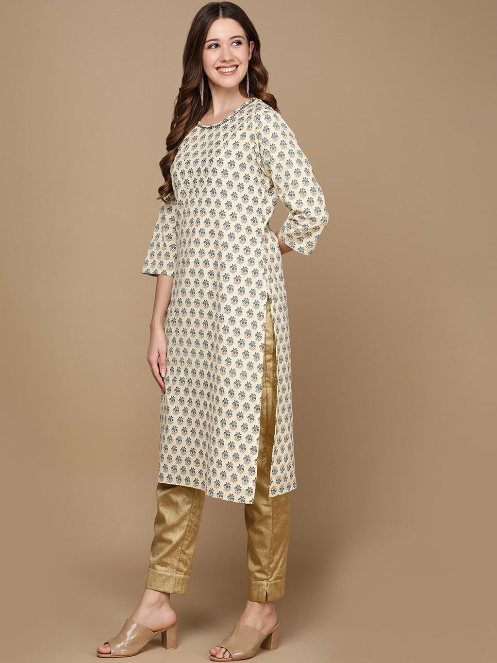 HERE&NOW Cream-Color & Teal Ethnic Motifs Printed Sequined Cotton Kurta | Grocsy