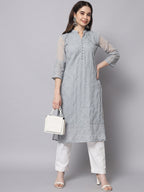 HERE&NOW Women Grey Ethnic Motifs Embroidered Thread Work Georgette Kurta | Grocsy