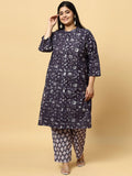Sztori Plus Size Floral Printed Pure Cotton Straight Kurta with Trousers | Grocsy