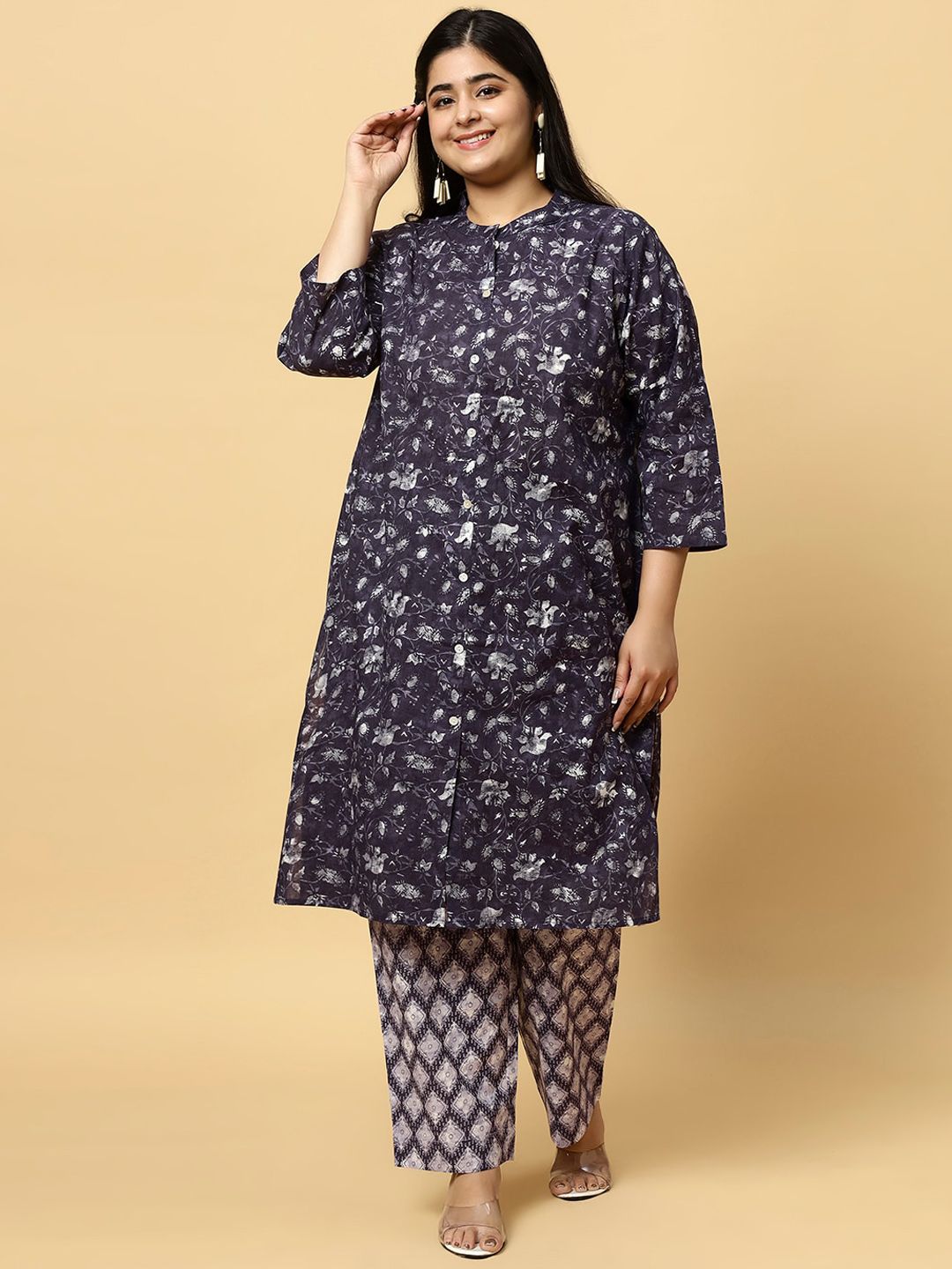 Sztori Plus Size Floral Printed Pure Cotton Straight Kurta with Trousers | Grocsy