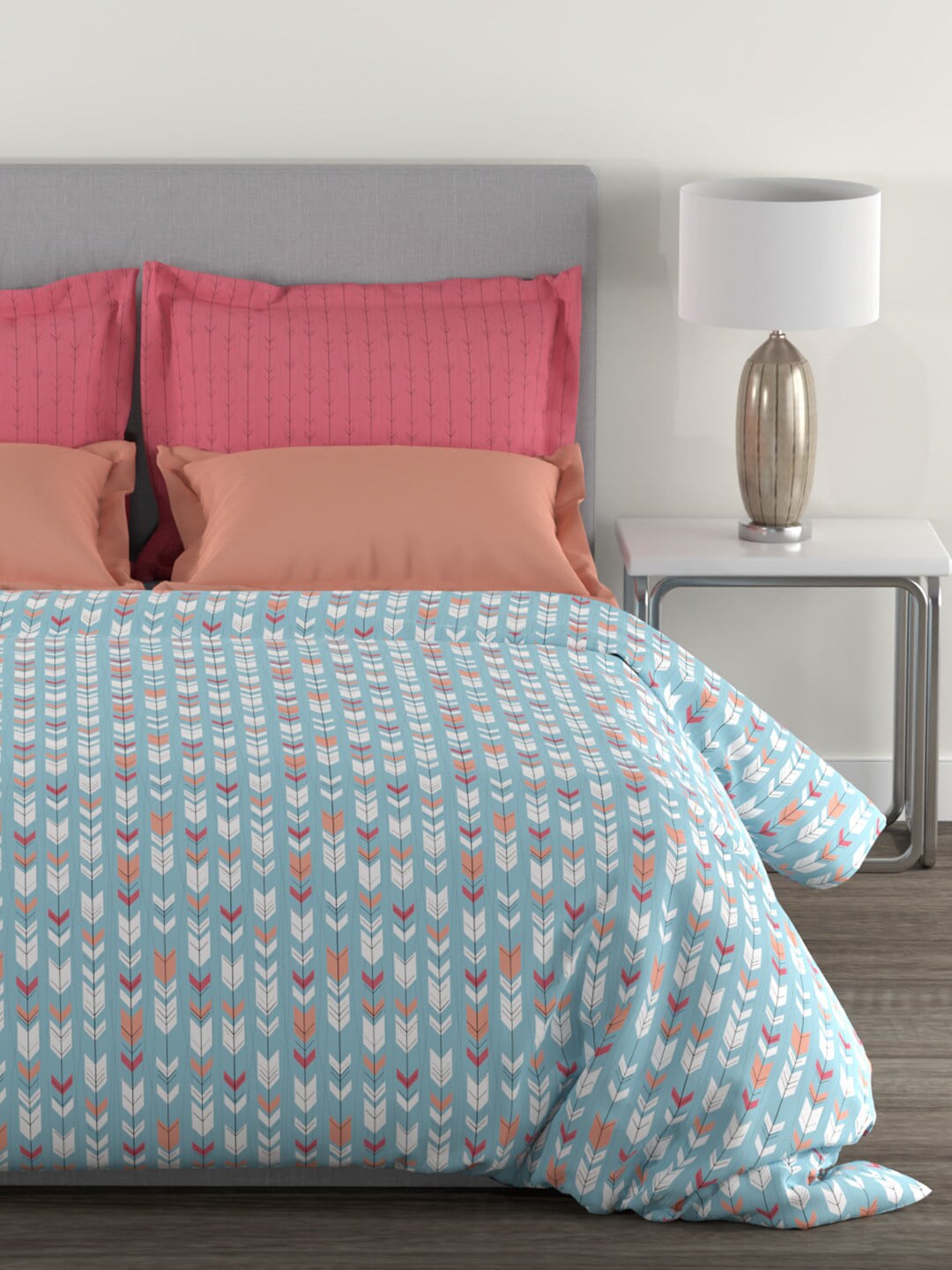 MYTRIDENT Blue White Geometric Cotton 144 TC Queen Bedsheet With 2 Pillow Covers | Grocsy