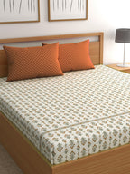 CHHAVI INDIA Cream-Coloured & Orange Floral Ultra Soft 210 TC Bedsheet with Pillow Covers | Grocsy