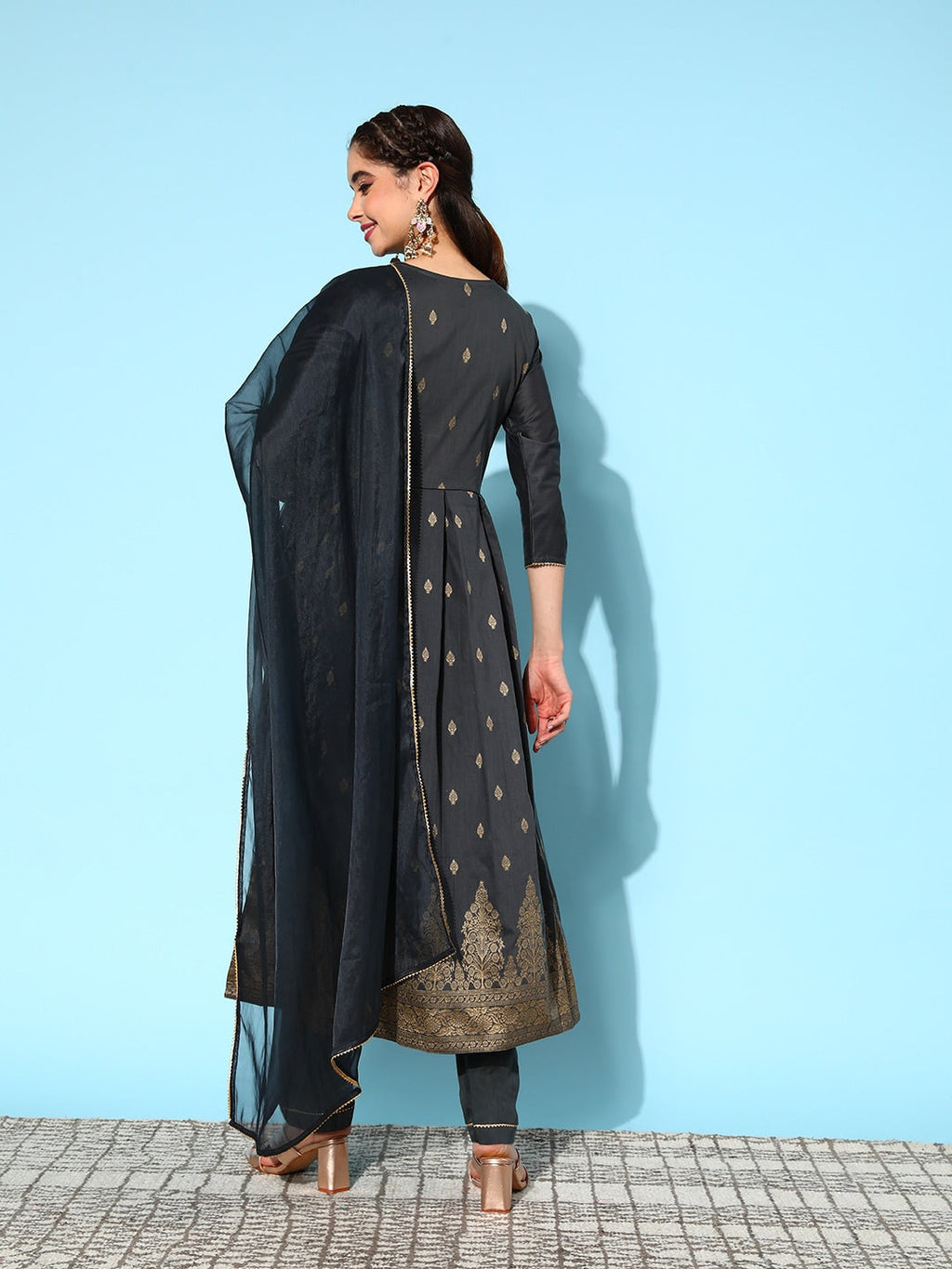Sangria Ethnic Motifs Yoke Design Pleated Chanderi Silk Kurta with Trousers & With Dupatta | Grocsy