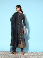 Sangria Ethnic Motifs Yoke Design Pleated Chanderi Silk Kurta with Trousers & With Dupatta | Grocsy