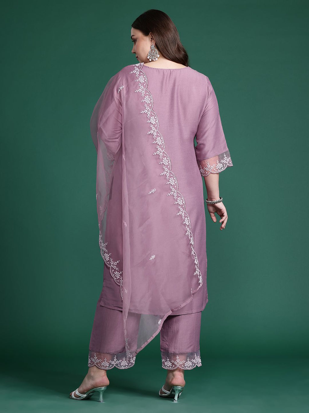 Indo Era Plus Size Floral Embroidered Thread Work Kurta With Trousers & Dupatta | Grocsy