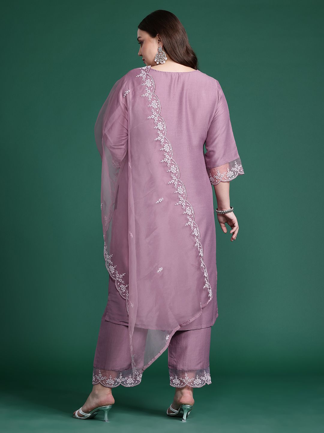 Indo Era Plus Size Floral Embroidered Thread Work Kurta With Trousers & Dupatta | Grocsy