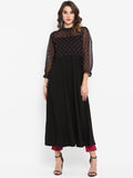 Janasya Women Black & Pink Printed A-Line Kurta | Grocsy