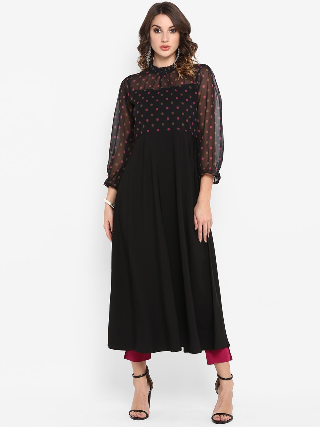 Janasya Women Black & Pink Printed A-Line Kurta | Grocsy