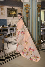 Vastranavya Peach Spectacular Georgette Printed with Pearl Lace Saree with Unstitched Blouse | Grocsy