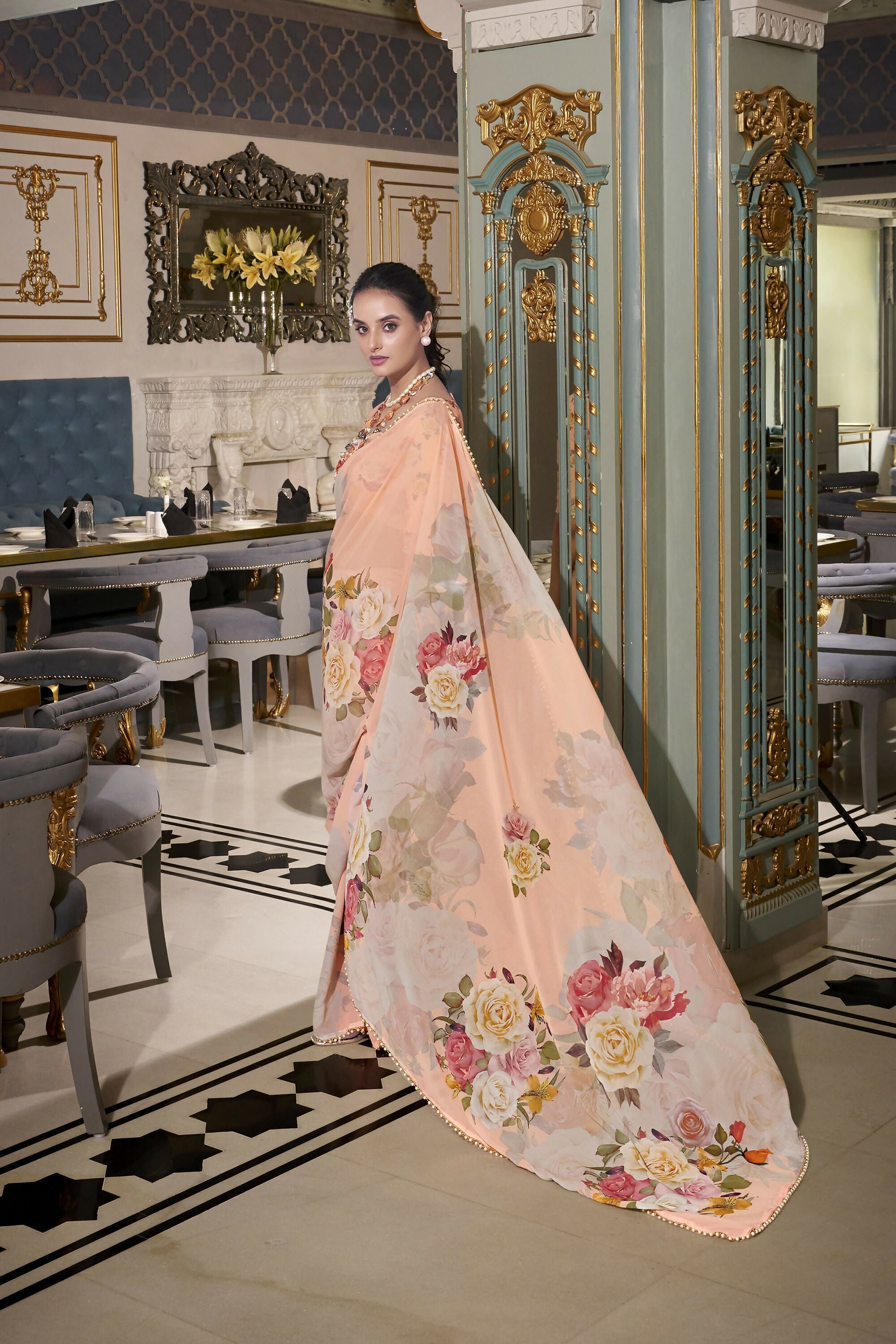 Vastranavya Peach Spectacular Georgette Printed with Pearl Lace Saree with Unstitched Blouse | Grocsy