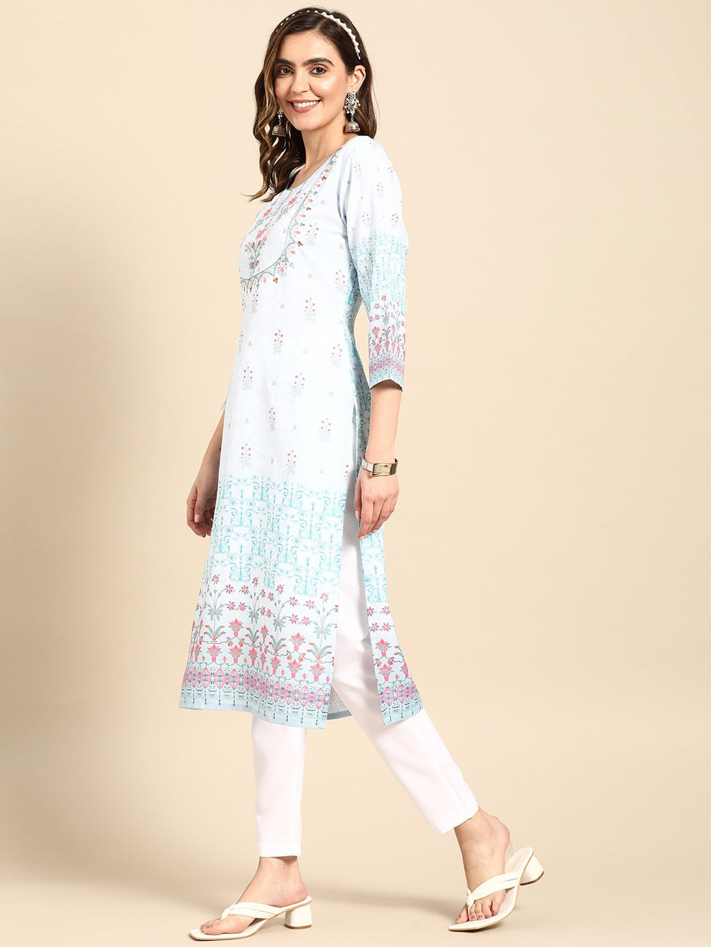 Sangria Women Turquoise Blue Floral Embroidered Kurta | Grocsy