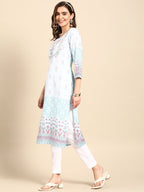 Sangria Women Turquoise Blue Floral Embroidered Kurta | Grocsy