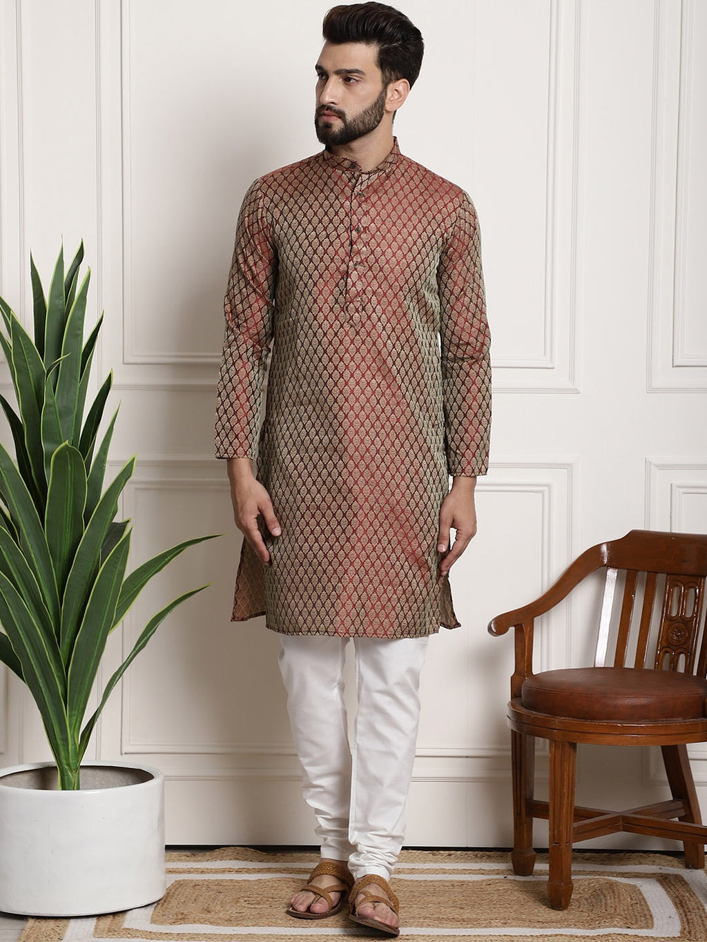Sojanya Men Maroon & Off-White Woven Design Kurta with Churidar | Grocsy