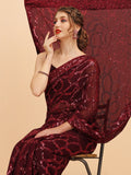 Sangria Burgundy Sequinned Pure Georgette Heavy Work Saree | Grocsy