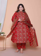 Miravan Women Floral Print Cotton Maroon Stitched Kurta Palazzo With Dupatta Set | Grocsy