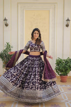 Vastranavya Designer Dyeable Pure Viscose Jacquard Fabric Lehenga Choli & Dupatta Set - Wine | Grocsy
