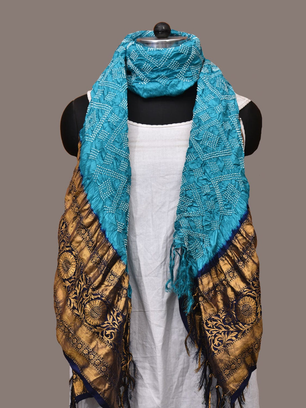 Dark Blue and Blue Bandhani Kanchipuram Silk Handloom Dupatta with Border Design - Global Threads | Grocsy