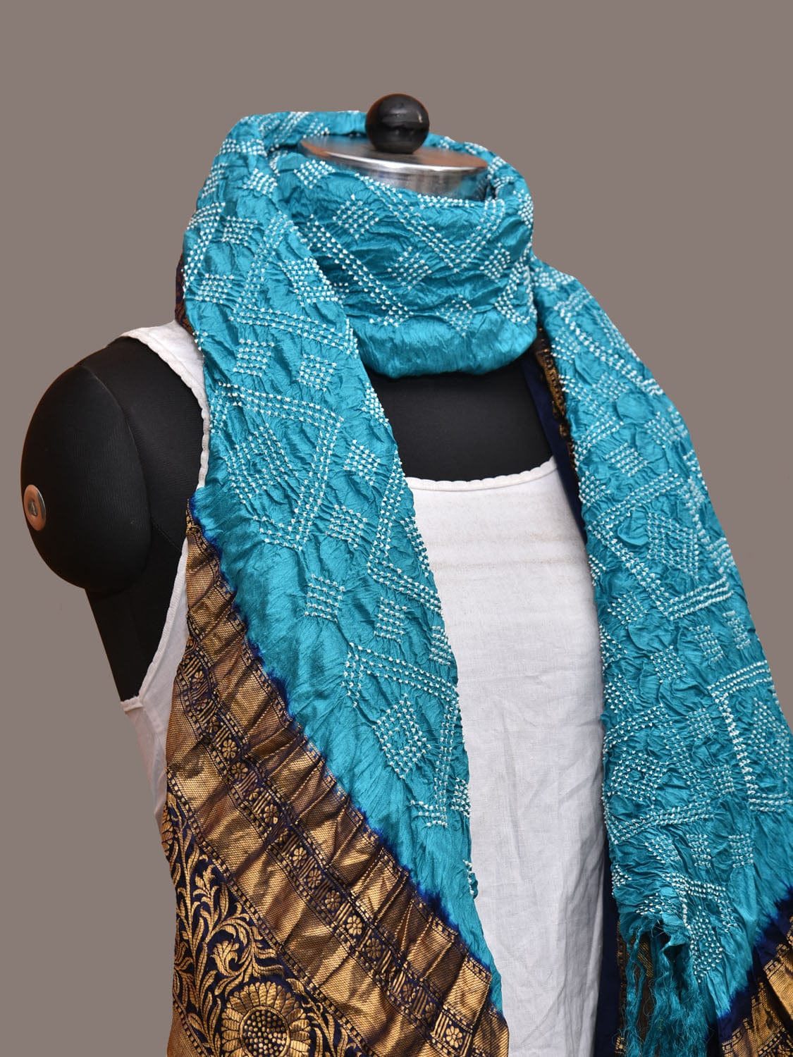 Dark Blue and Blue Bandhani Kanchipuram Silk Handloom Dupatta with Border Design - Global Threads | Grocsy