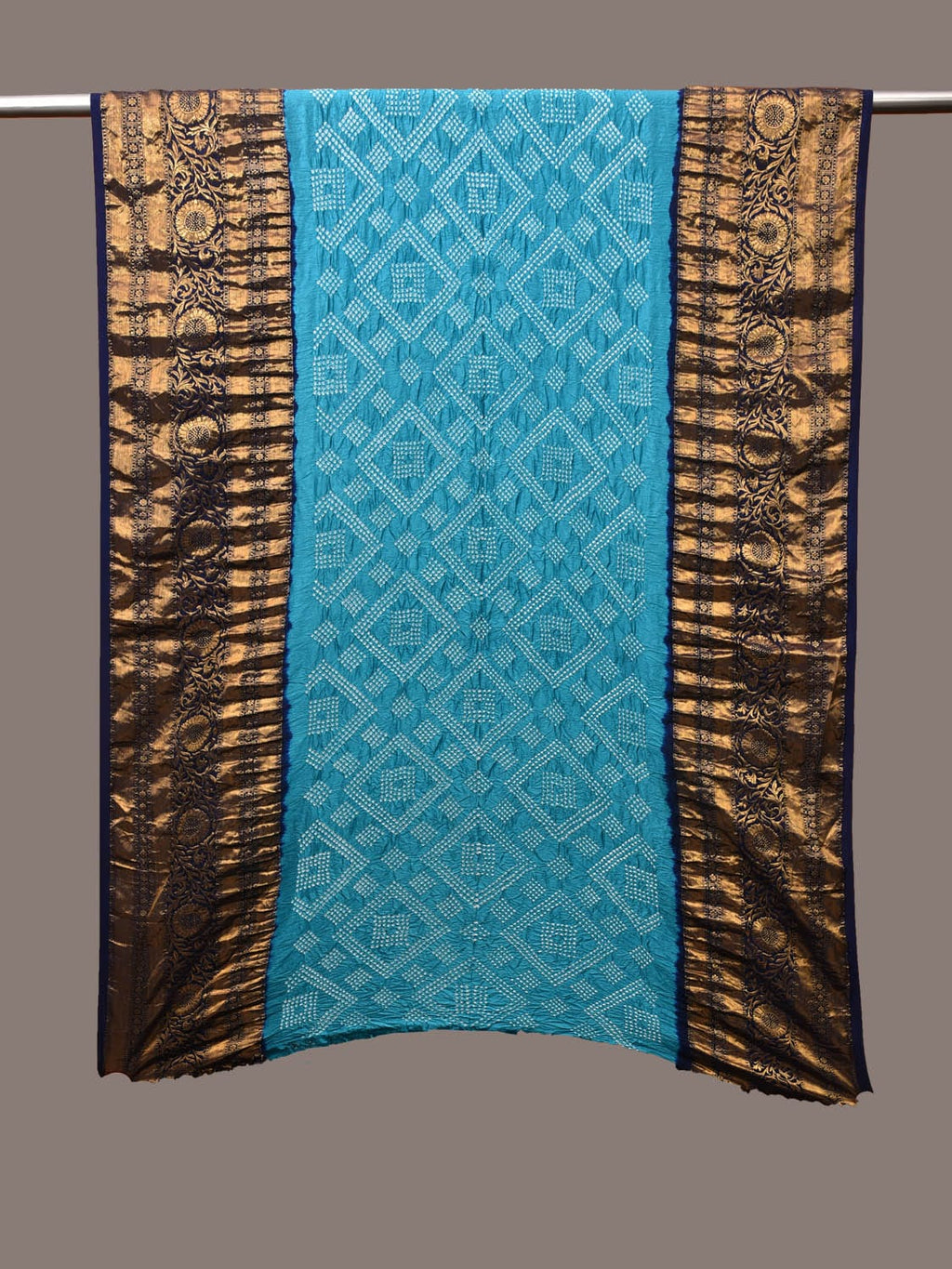 Dark Blue and Blue Bandhani Kanchipuram Silk Handloom Dupatta with Border Design - Global Threads | Grocsy