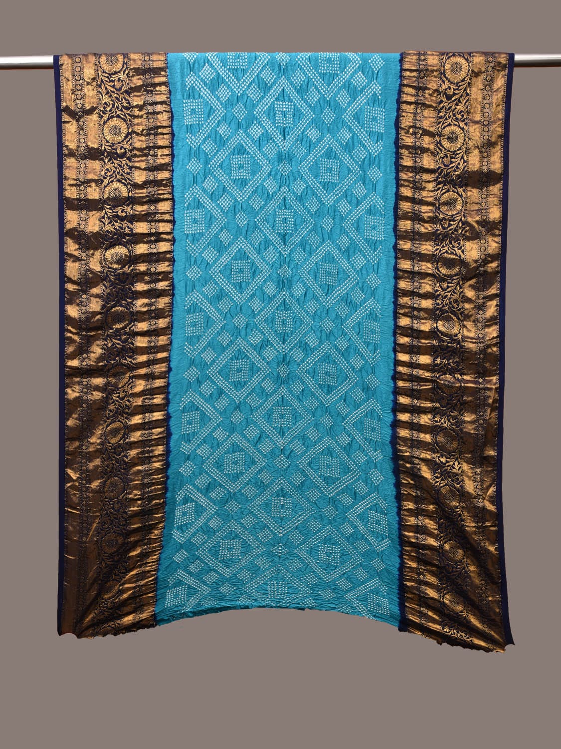 Dark Blue and Blue Bandhani Kanchipuram Silk Handloom Dupatta with Border Design - Global Threads | Grocsy
