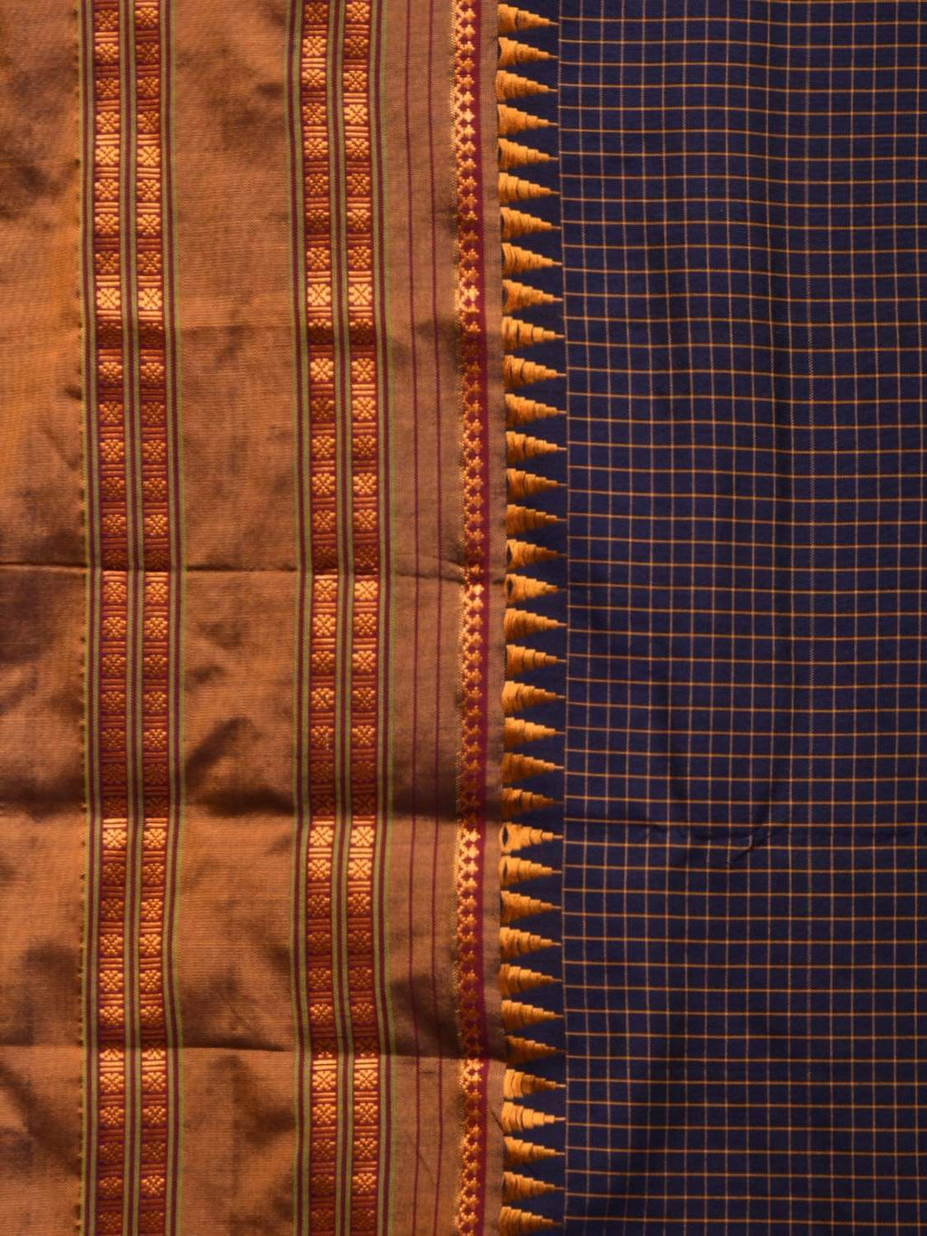 Dark Blue and Mustard Narayanpet Silk Handloom Saree with Checks Design No Blouse - Global Threads | Grocsy