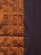 Dark Blue and Mustard Narayanpet Silk Handloom Saree with Checks Design No Blouse - Global Threads | Grocsy