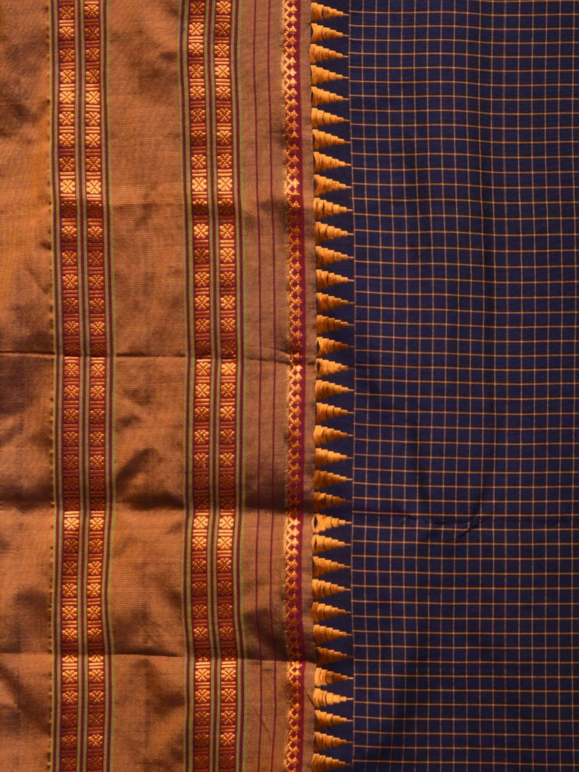 Dark Blue and Mustard Narayanpet Silk Handloom Saree with Checks Design No Blouse - Global Threads | Grocsy