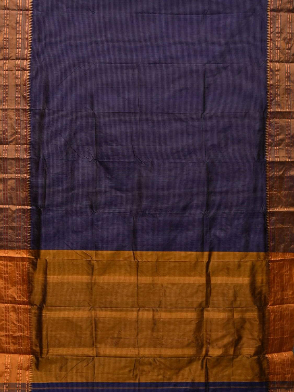 Dark Blue and Mustard Narayanpet Silk Handloom Saree with Checks Design No Blouse - Global Threads | Grocsy