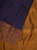 Dark Blue and Mustard Narayanpet Silk Handloom Saree with Checks Design No Blouse - Global Threads | Grocsy