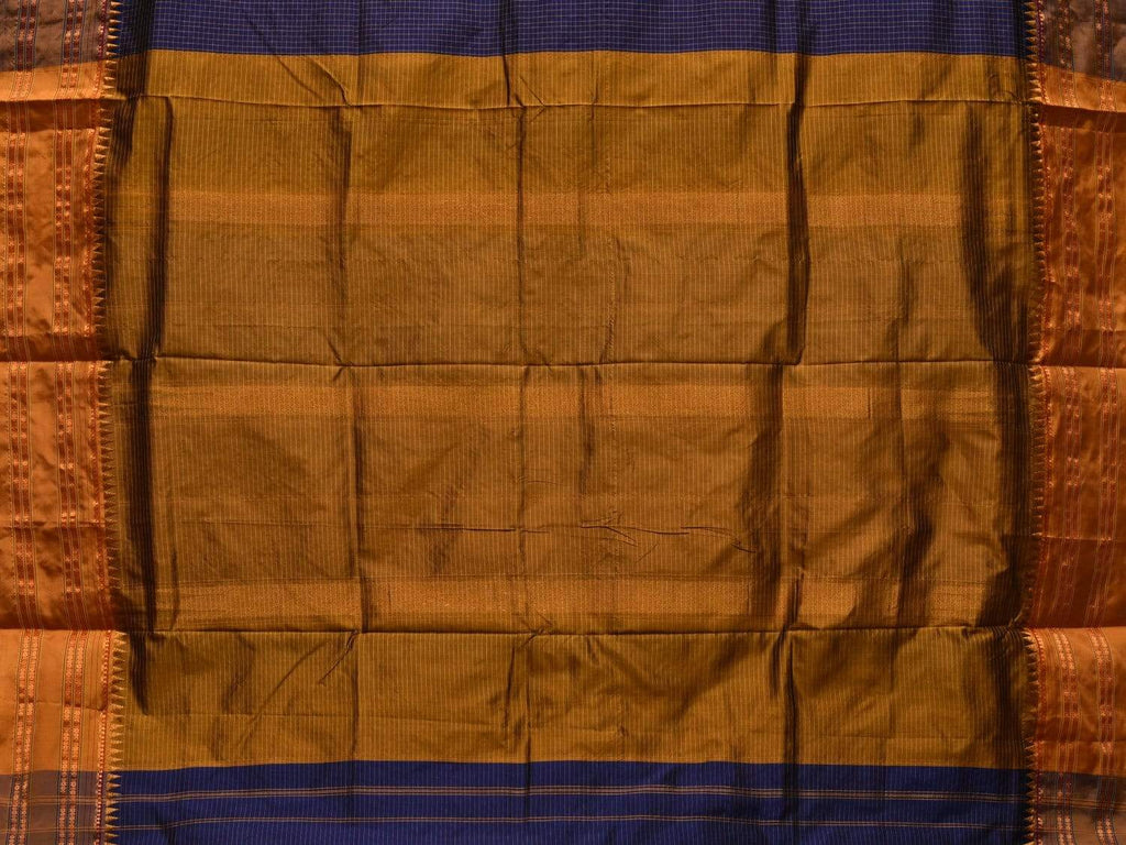 Dark Blue and Mustard Narayanpet Silk Handloom Saree with Checks Design No Blouse - Global Threads | Grocsy