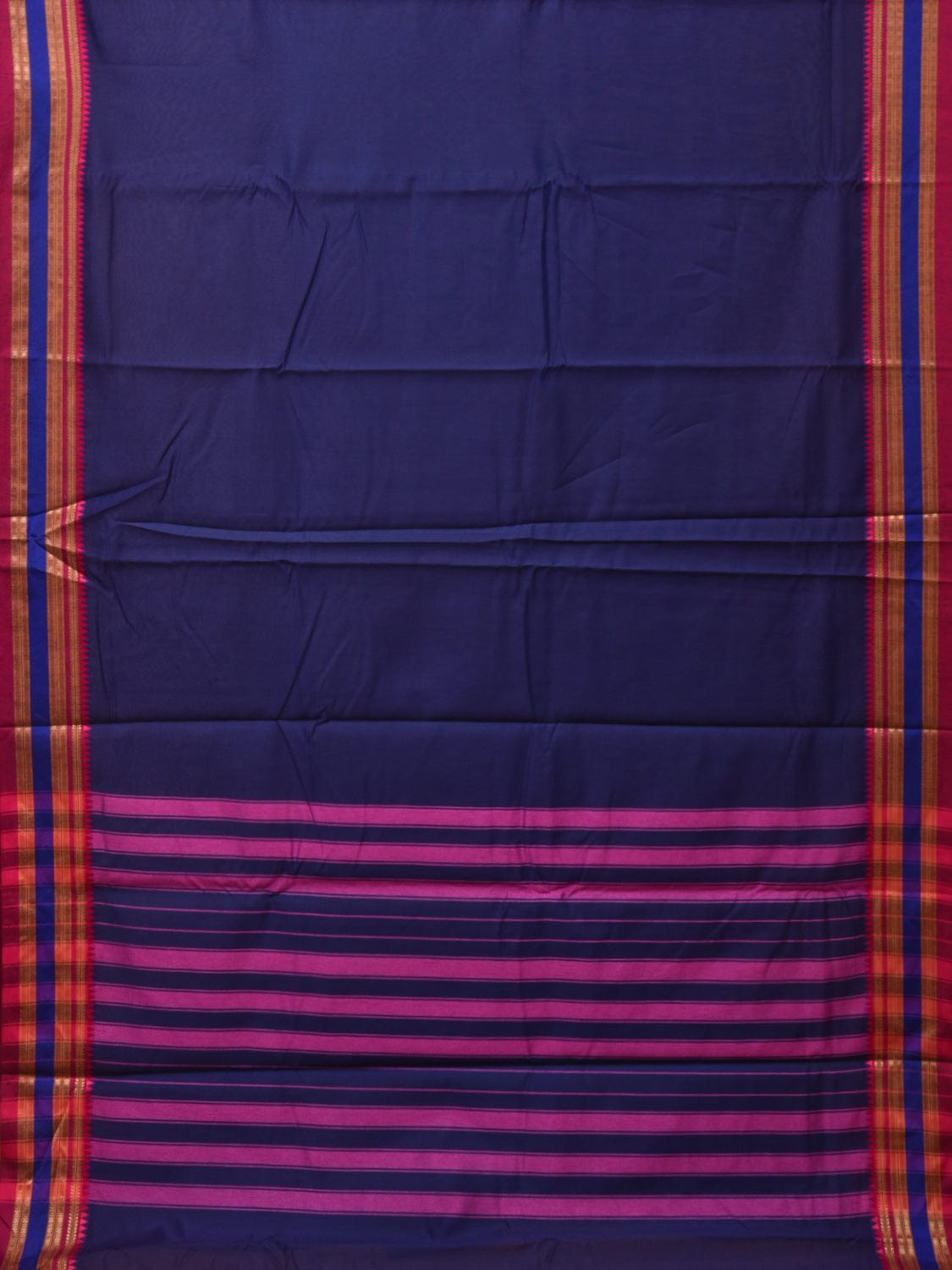 Dark Blue and Pink Bamboo Cotton Plain Saree with Strips Pallu Design No Blouse - Global Threads | Grocsy