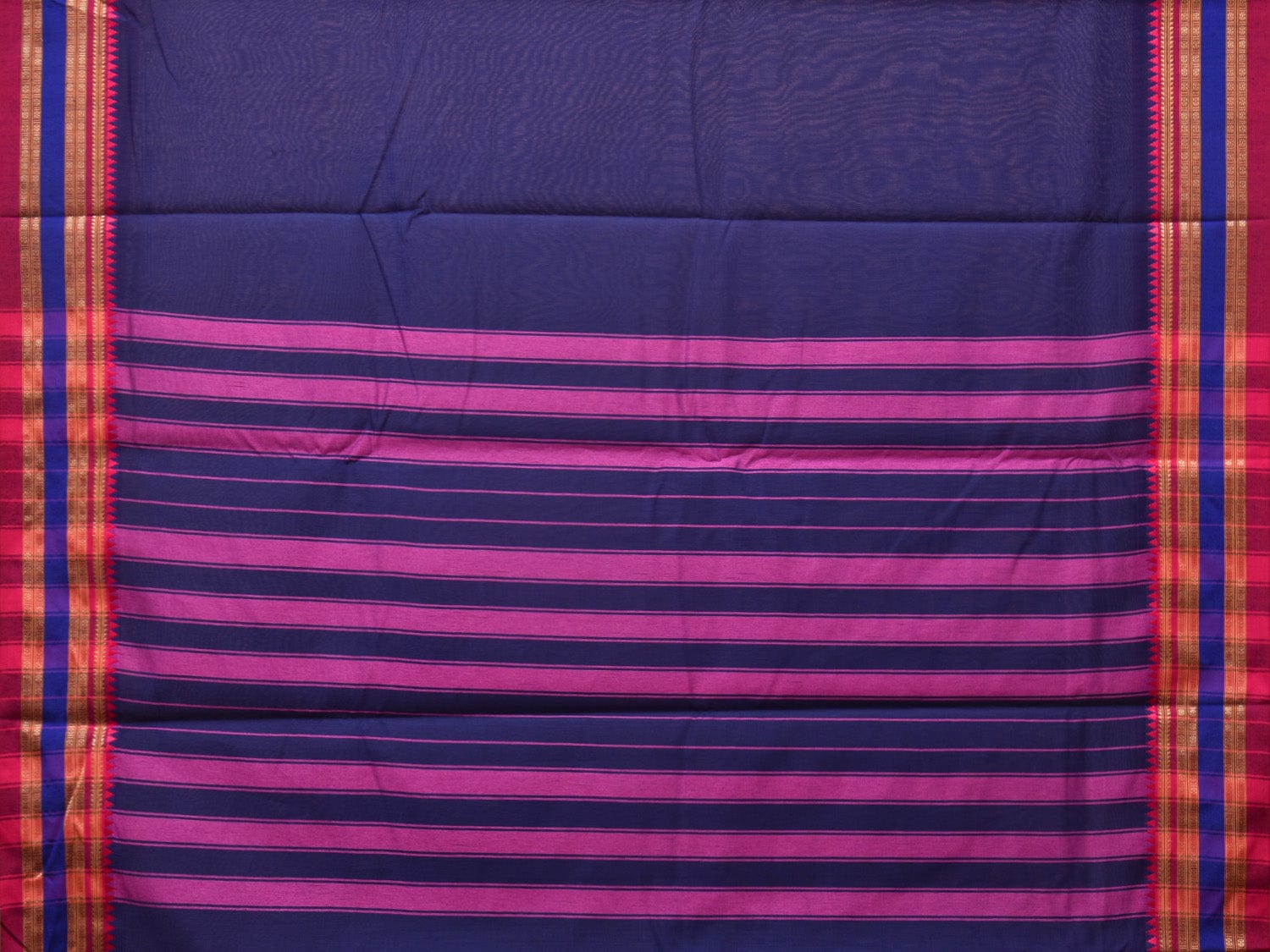 Dark Blue and Pink Bamboo Cotton Plain Saree with Strips Pallu Design No Blouse - Global Threads | Grocsy