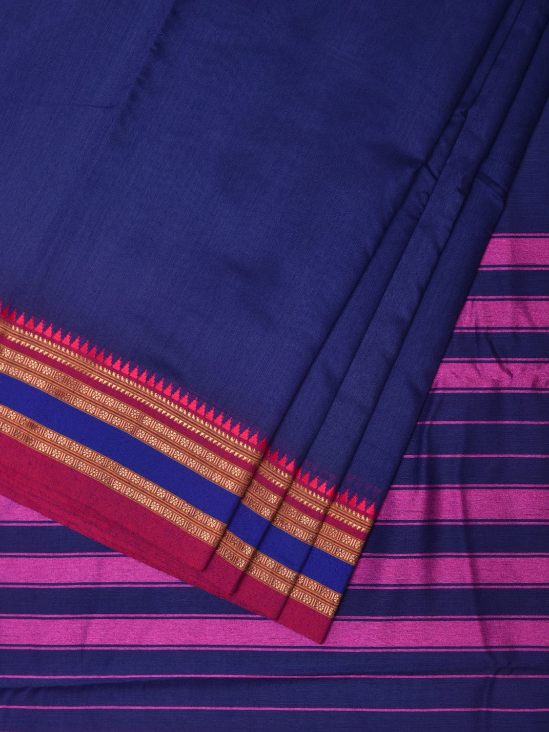 Dark Blue and Pink Bamboo Cotton Plain Saree with Strips Pallu Design No Blouse - Global Threads | Grocsy