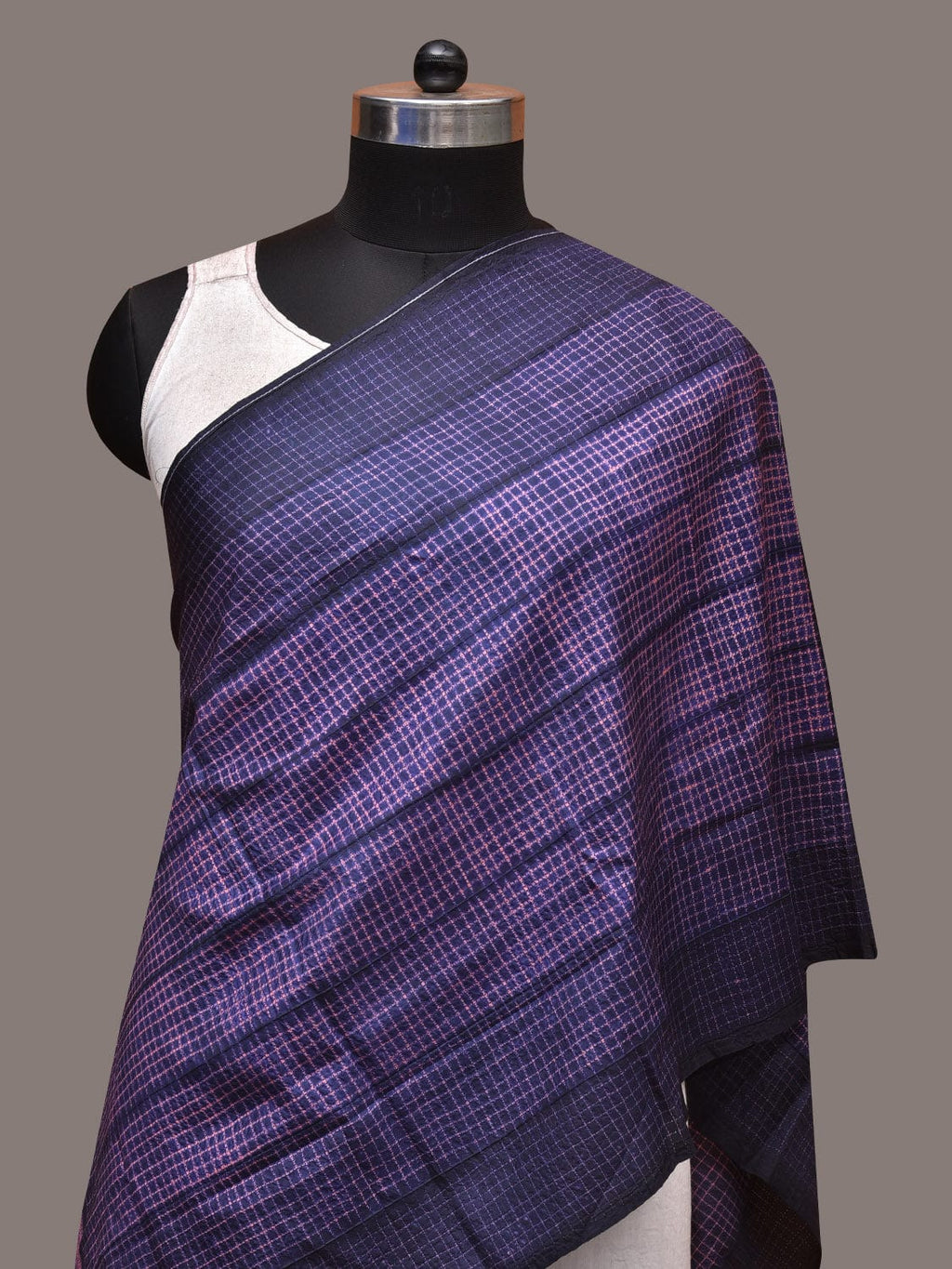 Dark Blue and Pink Shibori Silk Handloom Stole with Checks Design - Global Threads | Grocsy