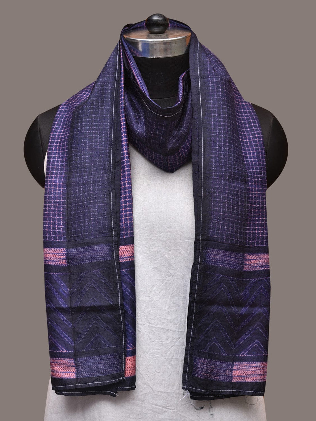 Dark Blue and Pink Shibori Silk Handloom Stole with Checks Design - Global Threads | Grocsy