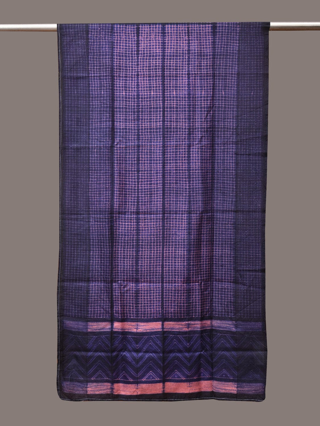Dark Blue and Pink Shibori Silk Handloom Stole with Checks Design - Global Threads | Grocsy