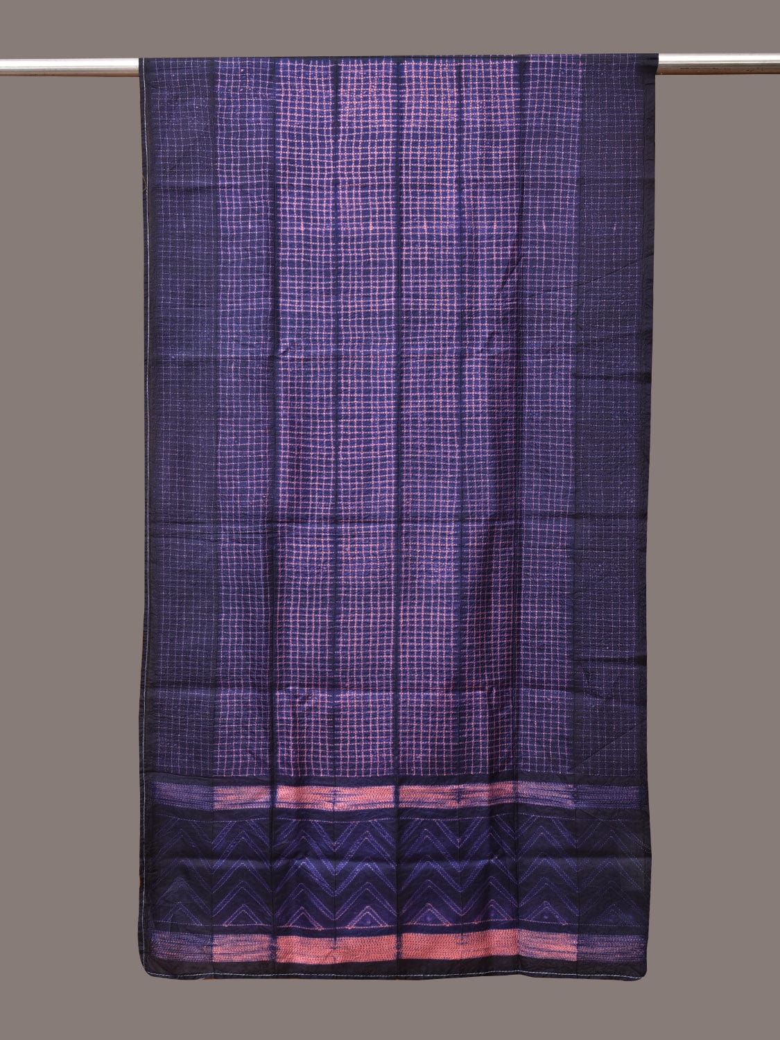 Dark Blue and Pink Shibori Silk Handloom Stole with Checks Design - Global Threads | Grocsy