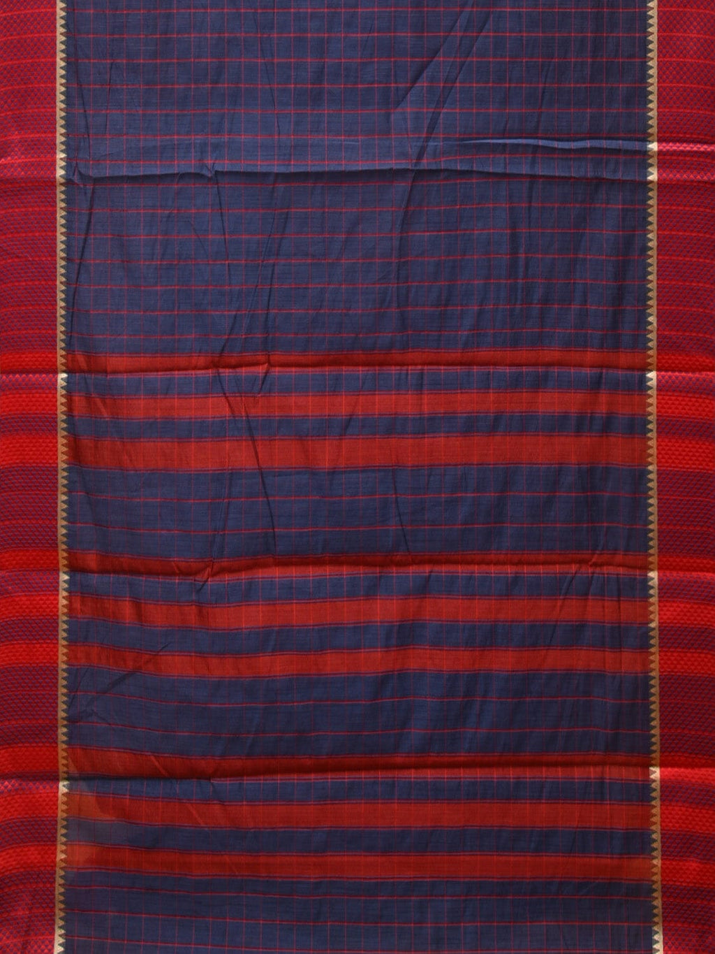 Dark Blue and Red Bamboo Cotton Saree with Big Checks Design No Blouse - Global Threads | Grocsy