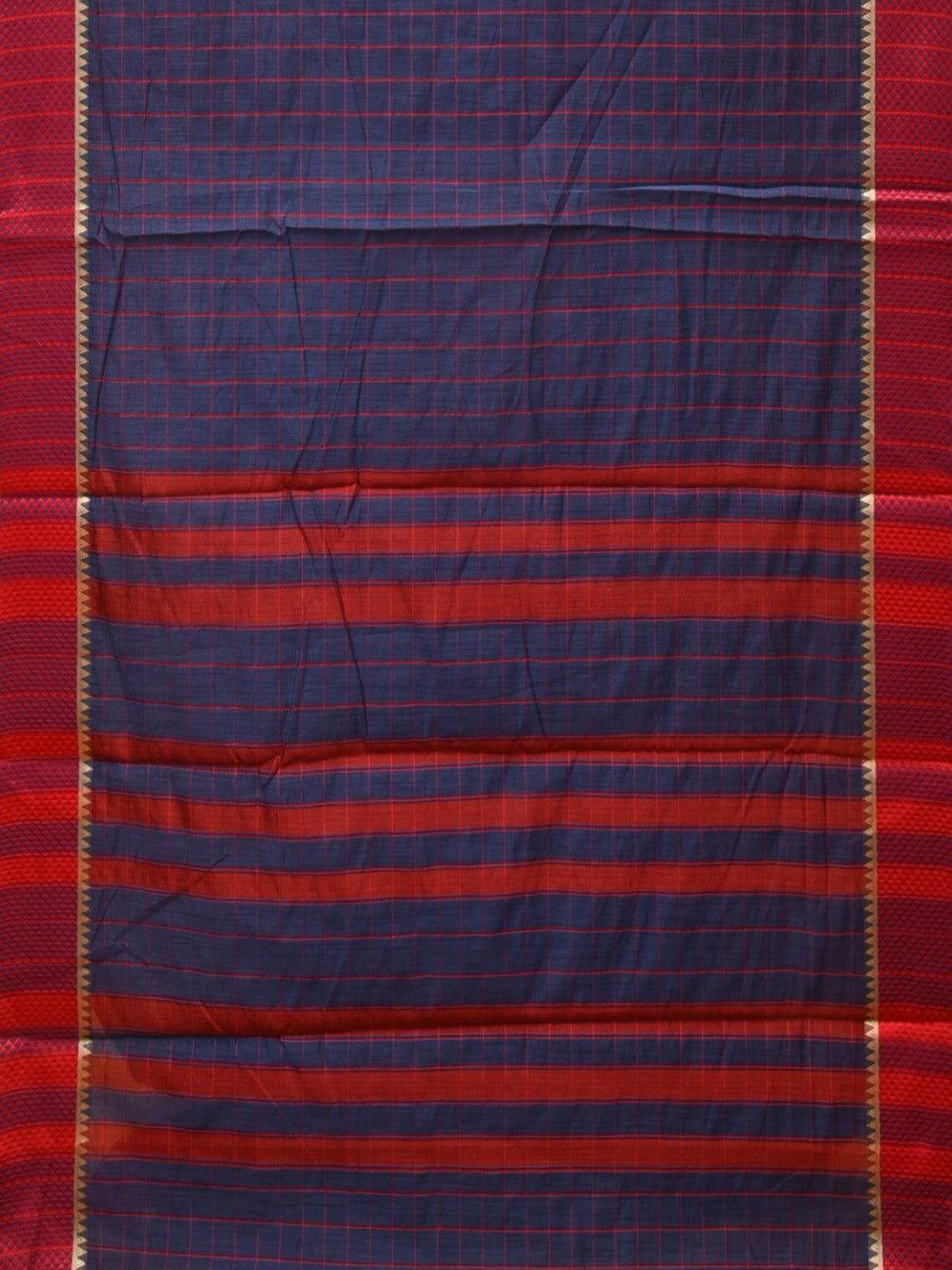 Dark Blue and Red Bamboo Cotton Saree with Big Checks Design No Blouse - Global Threads | Grocsy